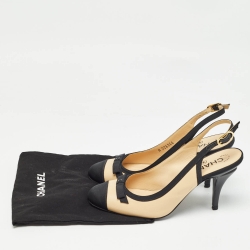 Pre Owned Chanel Beige/Black Beige/Black Leather and Canvas Slingback Pumps Size 36    