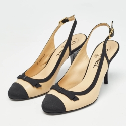 Pre Owned Chanel Beige/Black Beige/Black Leather and Canvas Slingback Pumps Size 36    