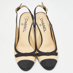 Pre Owned Chanel Beige/Black Beige/Black Leather and Canvas Slingback Pumps Size 36    
