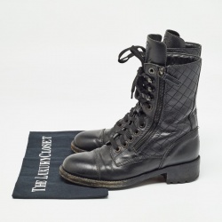 Chanel Black Leather Interlocking CC logo Combat Boots Size 36