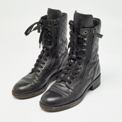 Chanel Black Leather Interlocking CC logo Combat Boots Size 36