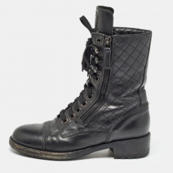 Chanel Black Leather Interlocking CC logo Combat Boots Size 36