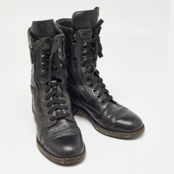 Chanel Black Leather Interlocking CC logo Combat Boots Size 36