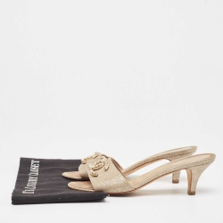 Pre Owned Chanel Gold Textured Suede Embellished CC Slide Sandals Size 39.5