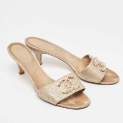 Pre Owned Chanel Gold Textured Suede Embellished CC Slide Sandals Size 39.5