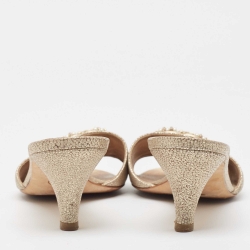 Pre Owned Chanel Gold Textured Suede Embellished CC Slide Sandals Size 39.5