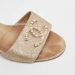 Pre Owned Chanel Gold Textured Suede Embellished CC Slide Sandals Size 39.5