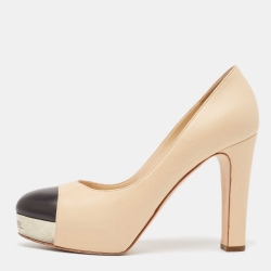 Pre Owned Chanel Beige/Black Leather Platform Pumps Size 37.5 