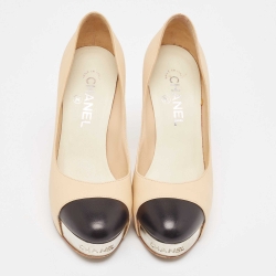 Pre Owned Chanel Beige/Black Leather Platform Pumps Size 37.5 