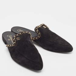 Chanel Black Suede CC Chain Mules Size 41 
