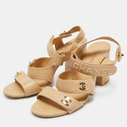 Pre Owned Chanel Beige Textured Leather CC Turnlock Ankle Strap Sandals Size 39.5 
