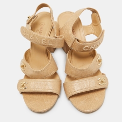Pre Owned Chanel Beige Textured Leather CC Turnlock Ankle Strap Sandals Size 39.5 