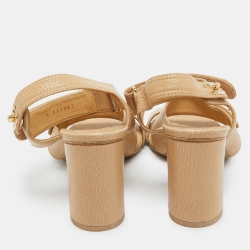 Pre Owned Chanel Beige Textured Leather CC Turnlock Ankle Strap Sandals Size 39.5 