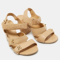 Pre Owned Chanel Beige Textured Leather CC Turnlock Ankle Strap Sandals Size 39.5 
