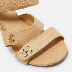 Pre Owned Chanel Beige Textured Leather CC Turnlock Ankle Strap Sandals Size 39.5 