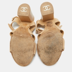 Pre Owned Chanel Beige Textured Leather CC Turnlock Ankle Strap Sandals Size 39.5 