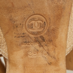 Pre Owned Chanel Beige Textured Leather CC Turnlock Ankle Strap Sandals Size 39.5 