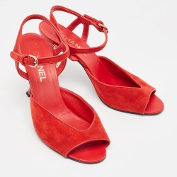Pre Owned Chanel Red Suede Open Toe CC Heel Ankle Strap Sandals Size 40