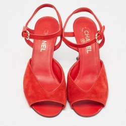 Pre Owned Chanel Red Suede Open Toe CC Heel Ankle Strap Sandals Size 40