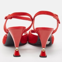 Pre Owned Chanel Red Suede Open Toe CC Heel Ankle Strap Sandals Size 40