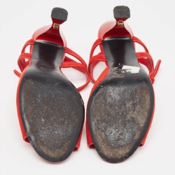 Pre Owned Chanel Red Suede Open Toe CC Heel Ankle Strap Sandals Size 40