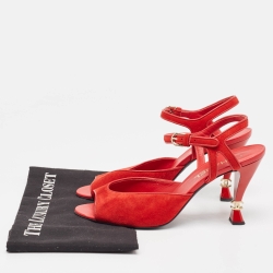 Pre Owned Chanel Red Suede Open Toe CC Heel Ankle Strap Sandals Size 40