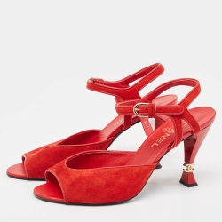 Pre Owned Chanel Red Suede Open Toe CC Heel Ankle Strap Sandals Size 40
