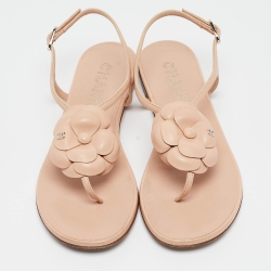 Chanel Beige Leather CC Camellia Thong Ankle Strap Flat Sandals Size 39.5