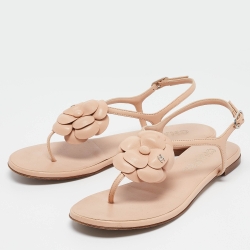 Chanel Beige Leather CC Camellia Thong Ankle Strap Flat Sandals Size 39.5