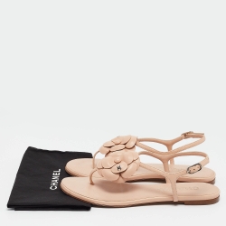 Chanel Beige Leather CC Camellia Thong Ankle Strap Flat Sandals Size 39.5