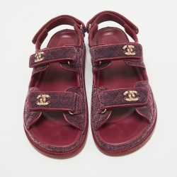 Pre Owned Chanel Purple Quilted Velvet CC Dad Sandals Size 39