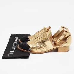 Pre Owned Chanel Gold/Black Leather and Suede CC Ankle Strap Oxford Sandals Size 42