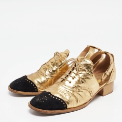 Pre Owned Chanel Gold/Black Leather and Suede CC Ankle Strap Oxford Sandals Size 42