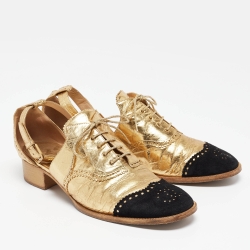 Pre Owned Chanel Gold/Black Leather and Suede CC Ankle Strap Oxford Sandals Size 42