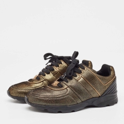 Pre Owned Chanel Gold Textured Leather CC Low Top Sneakers Size 39