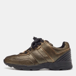 Pre Owned Chanel Gold Textured Leather CC Low Top Sneakers Size 39