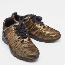 Pre Owned Chanel Gold Textured Leather CC Low Top Sneakers Size 39