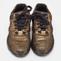 Pre Owned Chanel Gold Textured Leather CC Low Top Sneakers Size 39