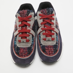 Pre Owned Chanel Tricolor Tweed and Suede CC Low Top Sneakers Size 39
