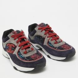 Pre Owned Chanel Tricolor Tweed and Suede CC Low Top Sneakers Size 39