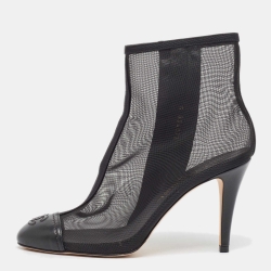Chanel Black Mesh and Leather CC Cap Toe Ankle Boots Size 36