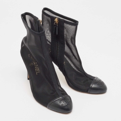Chanel Black Mesh and Leather CC Cap Toe Ankle Boots Size 36