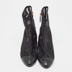 Chanel Black Mesh and Leather CC Cap Toe Ankle Boots Size 36