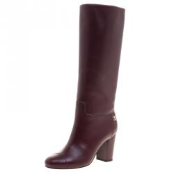 Chanel Burgundy Leather CC Block Heel Tall  Boots Size 36.5
