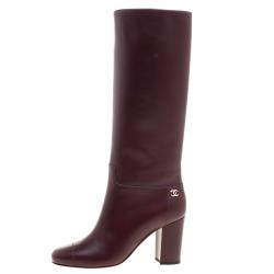 Chanel Burgundy Leather CC Block Heel Tall  Boots Size 36.5