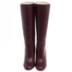 Chanel Burgundy Leather CC Block Heel Tall  Boots Size 36.5
