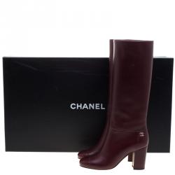 Chanel Burgundy Leather CC Block Heel Tall  Boots Size 36.5