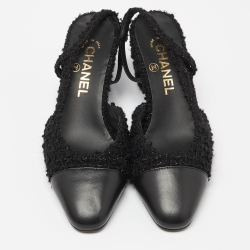 مملوكة مسبقًا Chanel Black Tweed and Leather Cap Toe CC Slingback Pumps Size 37