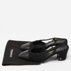 مملوكة مسبقًا Chanel Black Tweed and Leather Cap Toe CC Slingback Pumps Size 37