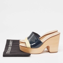 Pre Owned Chanel Two Tone Patent Leather Open Toe Platform Slide Sandals Size 38